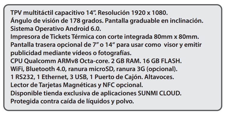 tpv android sunmi t1 caracteristicas