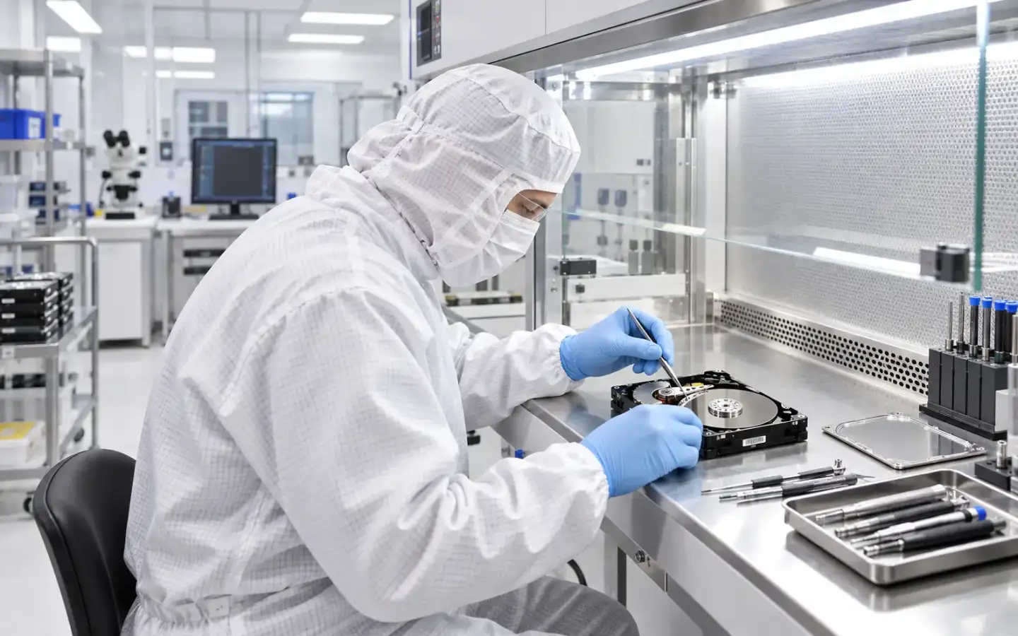 Tècnic manipulant un disc dur en un laboratori especialitzat amb cambra neta