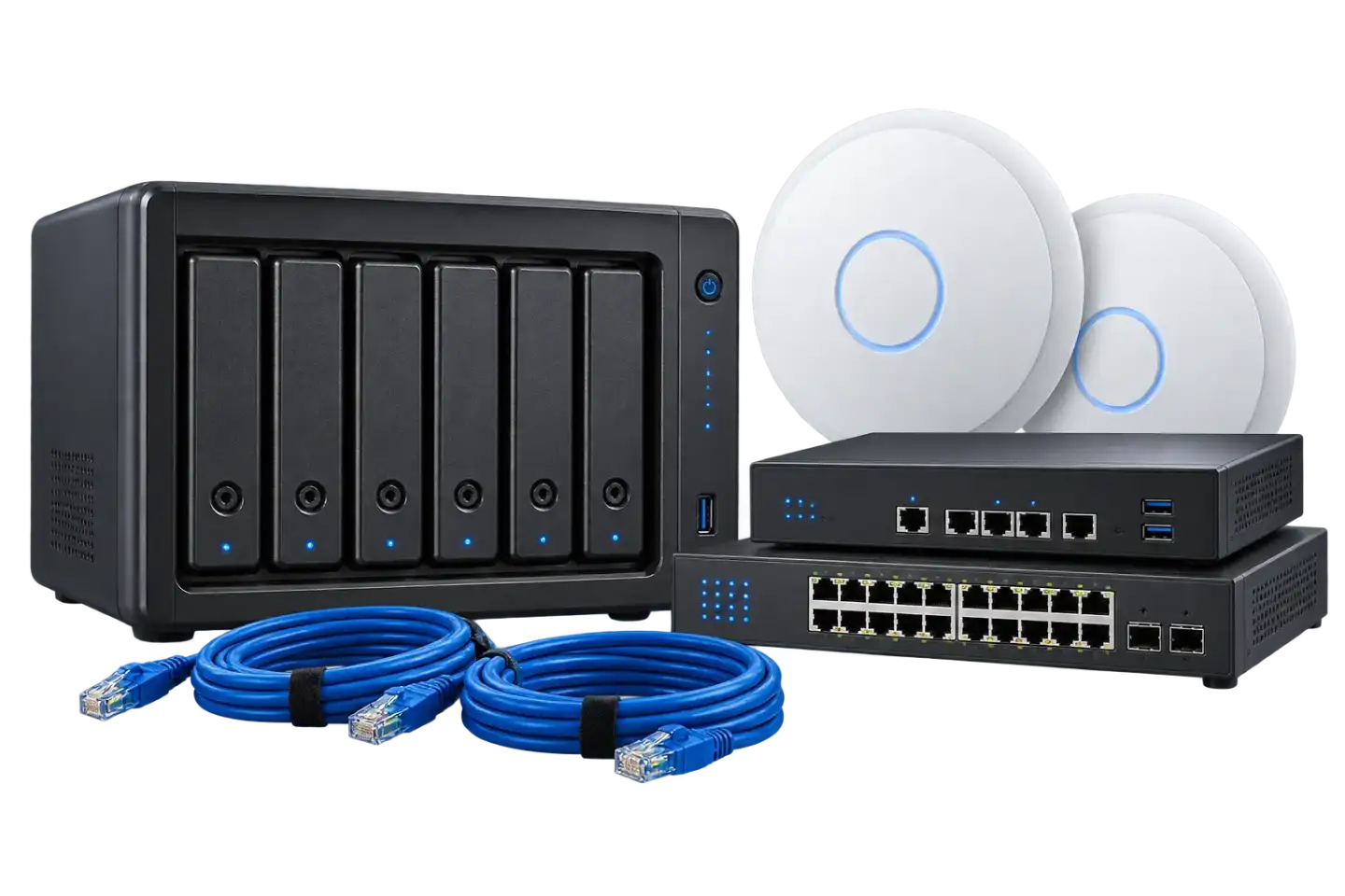 NAS, switch, firewall i punts d'accés Wi-Fi professionals