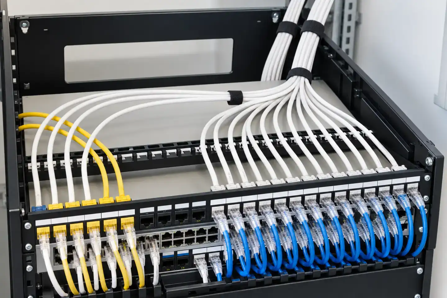 Rack de comunicacions amb cablejat estructurat i connexions de xarxa ordenades