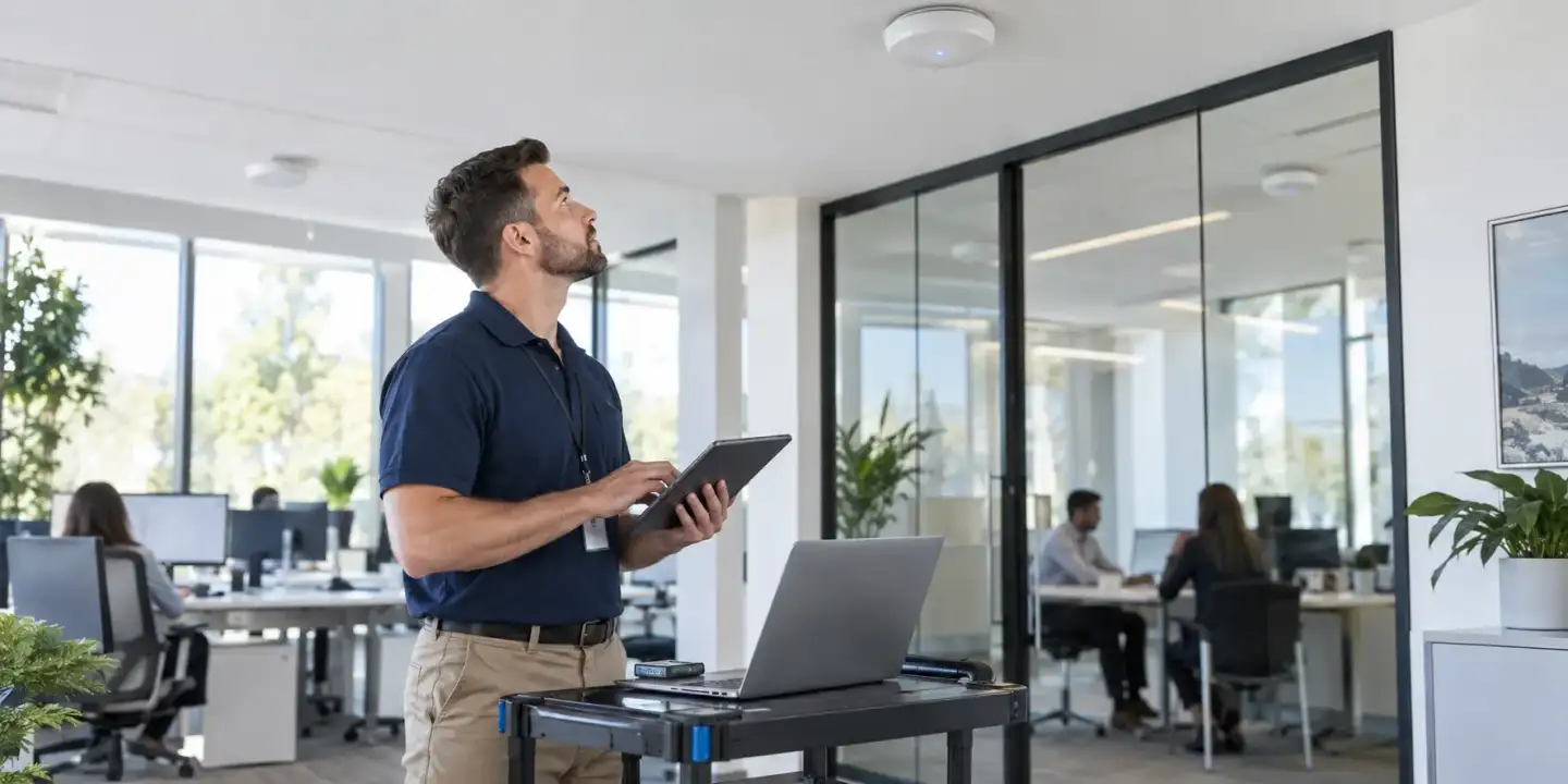 Tècnic realitzant un estudi de cobertura Wi-Fi en una oficina