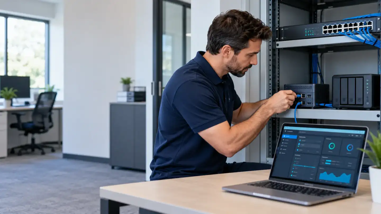 Tècnic configurant un mini servidor de virtualització en una empresa